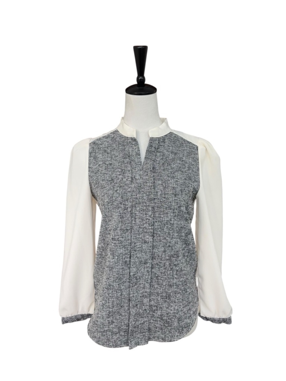 KERRI Women’s Blouse Size S Gray Tweed Front White Sheer Sleeve Work Office Top